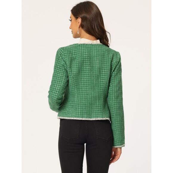 Plaid Tweed Blazer Long Sleeve Open Front Workwear Short Jacket Green - Picture 4 of 6